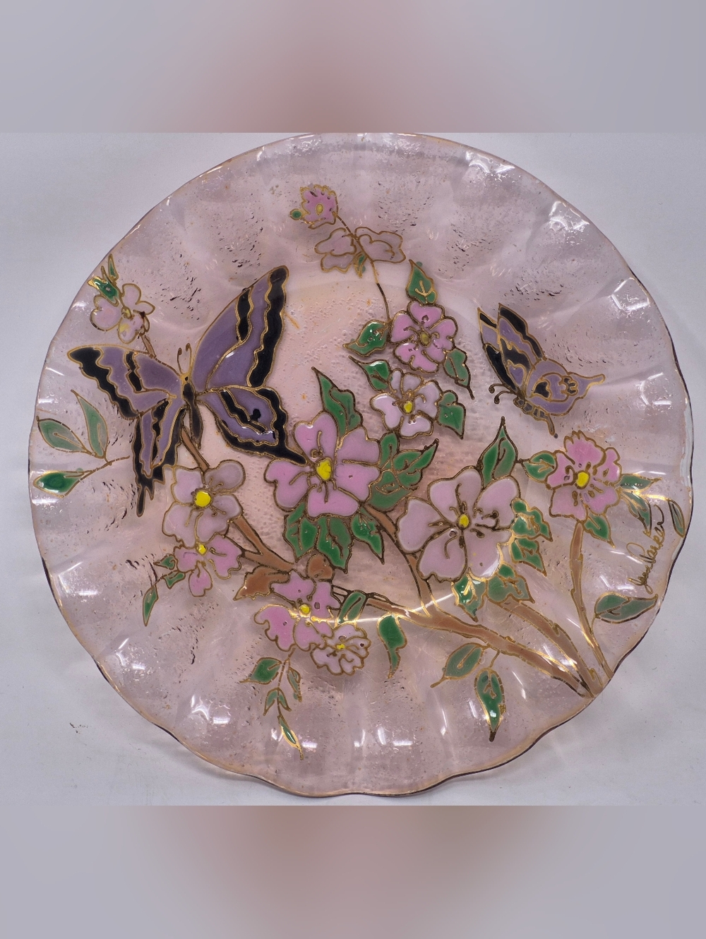 Pink Glass Dish With Enamel Painted Butterflies And Flowers